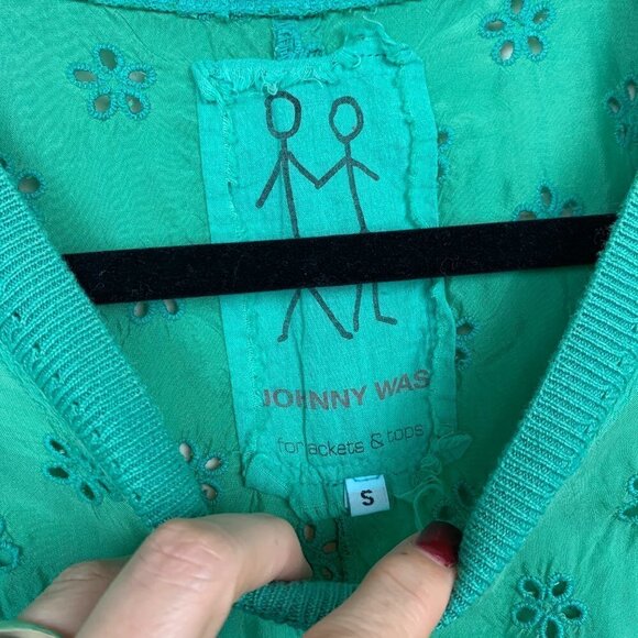 Johnny Was Silk Eyelet Green Oversized Short Sleeve Top - Picture 3 of 6